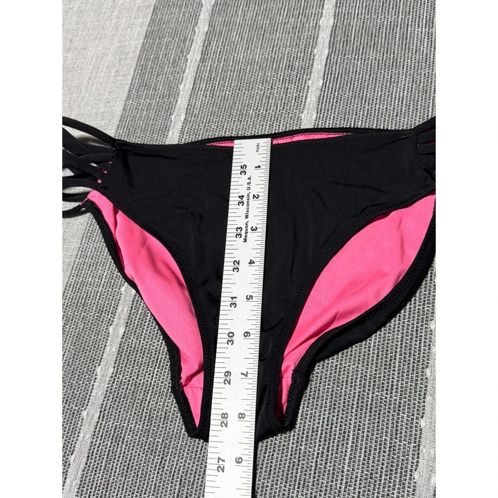 PINK Victoria's Secret Black Strappy Side Bikini Bottoms Neon Pink Lining Medium - Picture 4 of 4